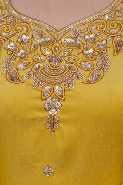 Regal Musart Yellow Silk Sindoor Satin Kurti Pant Dupatta Set with Beads Work Ready To Wear Collection