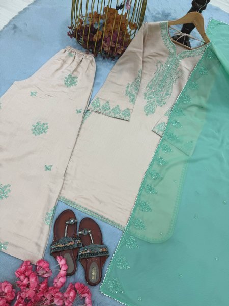 Regal Off White Roman Silk Suit Set with Embroidered Palazzo and Lace Border Dupatta Ready To Wear Collection