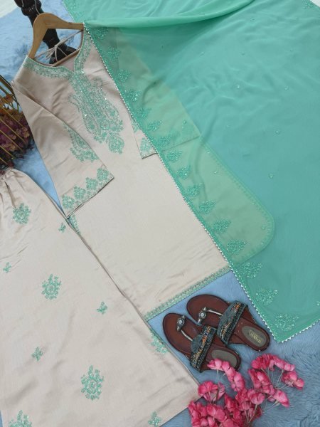 Regal Off White Roman Silk Suit Set with Embroidered Palazzo and Lace Border Dupatta Ready To Wear Collection