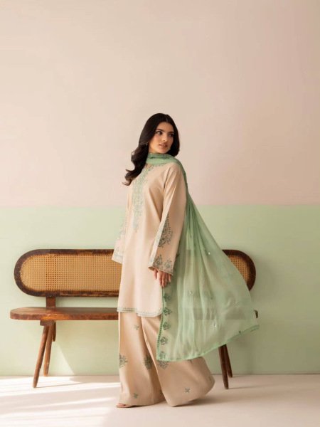 Regal Off White Roman Silk Suit Set with Embroidered Palazzo and Lace Border Dupatta Ready To Wear Collection