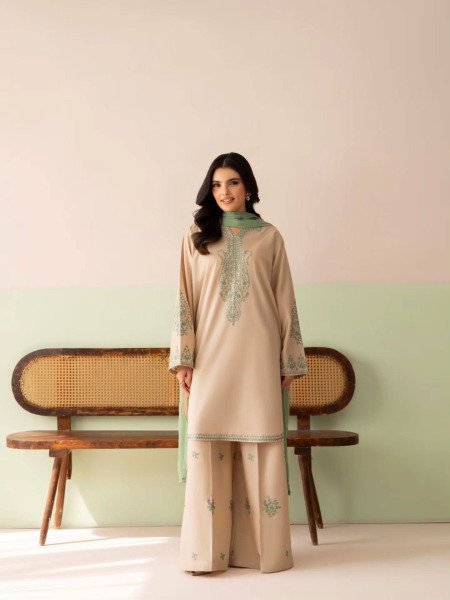 Regal Off White Roman Silk Suit Set with Embroidered Palazzo and Lace Border Dupatta Ready To Wear Collection