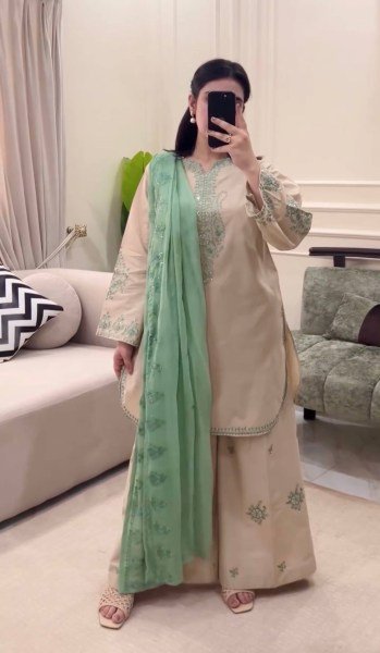 Regal Off White Roman Silk Suit Set with Embroidered Palazzo and Lace Border Dupatta Ready To Wear Collection