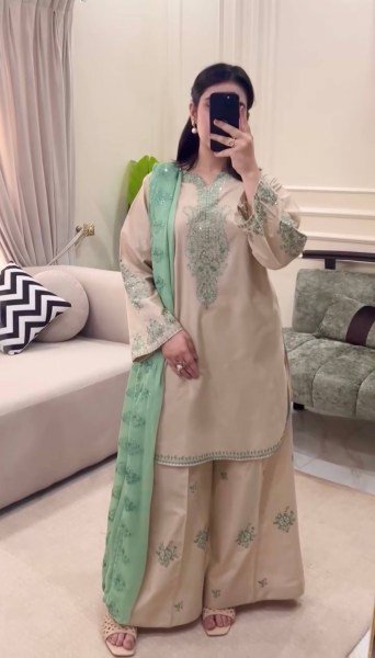 Regal Off White Roman Silk Suit Set with Embroidered Palazzo and Lace Border Dupatta Ready To Wear Collection