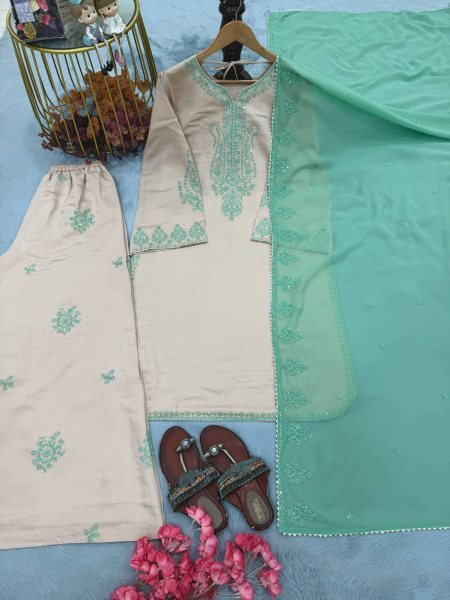 Regal Off White Roman Silk Suit Set with Embroidered Palazzo and Lace Border Dupatta Ready To Wear Collection