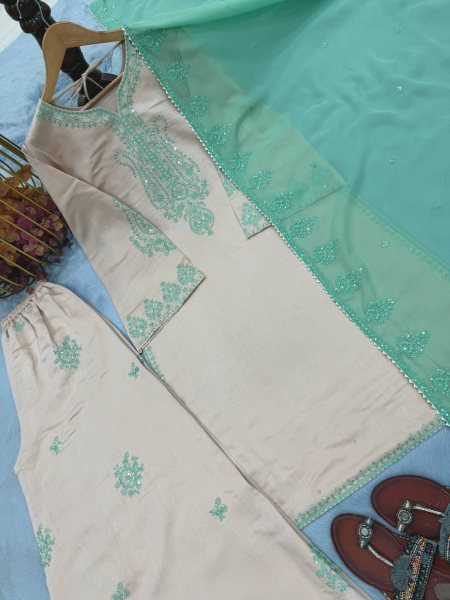 Regal Off White Roman Silk Suit Set with Embroidered Palazzo and Lace Border Dupatta Ready To Wear Collection