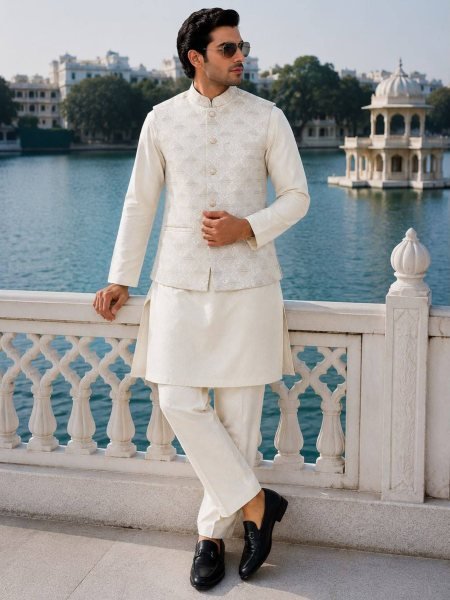 Regal OffWhite Boutique Malai Satin Kurta Pant Koti Set with Sequins Embroidery For Function 