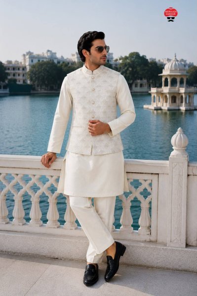Regal OffWhite Boutique Malai Satin Kurta Pant Koti Set with Sequins Embroidery For Function Kurta Pajama Wholesale