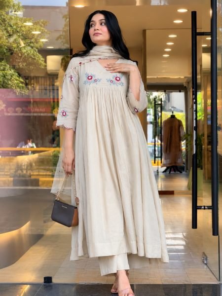 Regal OffWhite Designer Pure Mul Roman Kurti with Embroidered Dupatta For Party Kurtis
