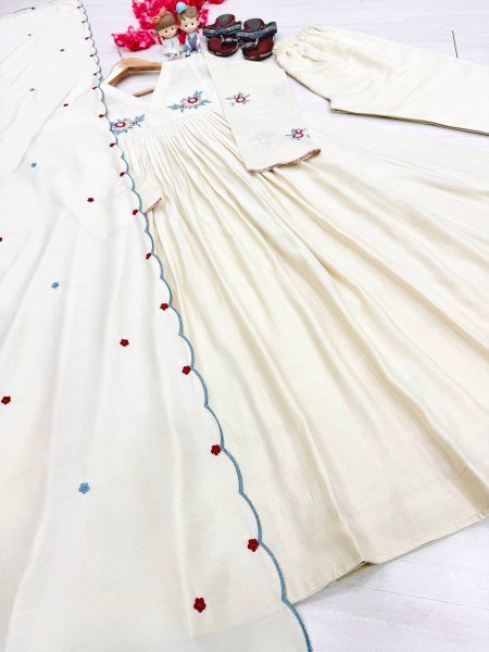 Regal OffWhite Designer Pure Mul Roman Kurti with Embroidered Dupatta For Party Anarkali Kurtis 