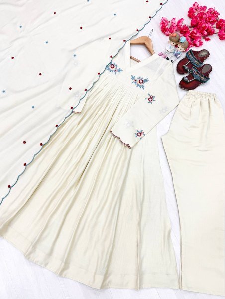 Regal OffWhite Designer Pure Mul Roman Kurti with Embroidered Dupatta For Party Anarkali Kurtis 
