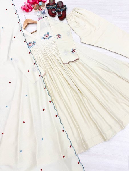 Regal OffWhite Designer Pure Mul Roman Kurti with Embroidered Dupatta For Party Anarkali Kurtis 