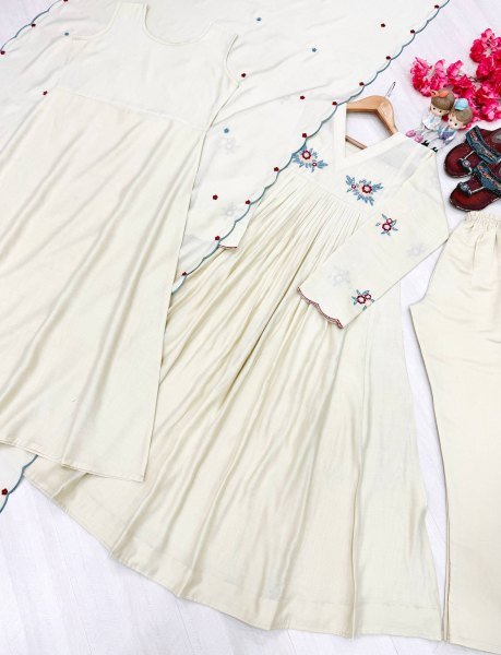 Regal OffWhite Designer Pure Mul Roman Kurti with Embroidered Dupatta For Party Anarkali Kurtis 