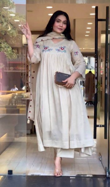 Regal OffWhite Designer Pure Mul Roman Kurti with Embroidered Dupatta For Party Anarkali Kurtis 