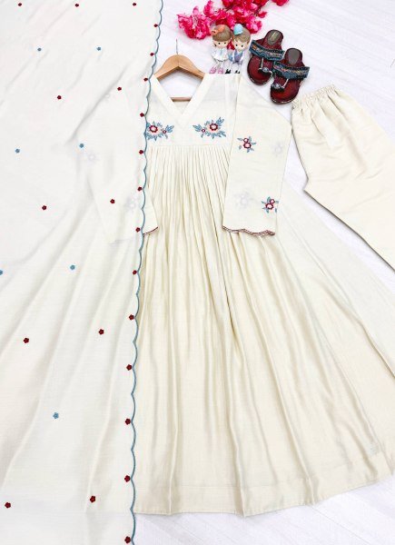 Regal OffWhite Designer Pure Mul Roman Kurti with Embroidered Dupatta For Party Anarkali Kurtis 