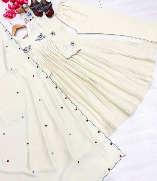 Regal OffWhite Designer Pure Mul Roman Kurti with Embroidered Dupatta For Party Anarkali Kurtis 
