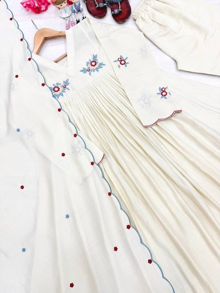 Regal OffWhite Designer Pure Mul Roman Kurti with Embroidered Dupatta For Party Anarkali Kurtis 