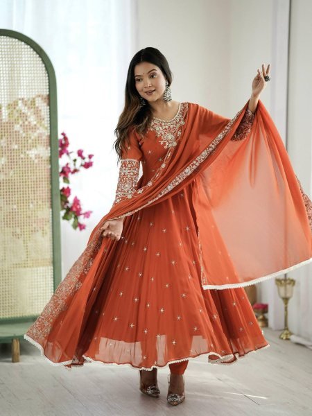 Regal Orange Blooming Faux Anarkali Gown Set with Rainbow Sequence Work for Resellers Ready To Wear Collection