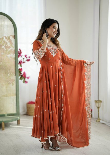 Regal Orange Blooming Faux Anarkali Gown Set with Rainbow Sequence Work for Resellers Anarkali Kurtis 