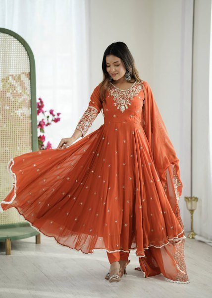 Regal Orange Blooming Faux Anarkali Gown Set with Rainbow Sequence Work for Resellers Anarkali Kurtis 