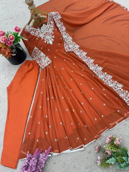 Regal Orange Blooming Faux Anarkali Gown Set with Rainbow Sequence Work for Resellers Anarkali Kurtis 