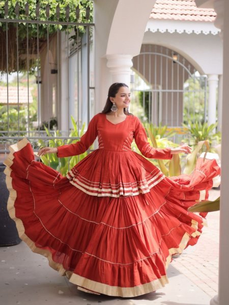 Regal Orange Cora Cotton Lehenga Choli with Heavy 12 Meter Flair and Lace Detailing 