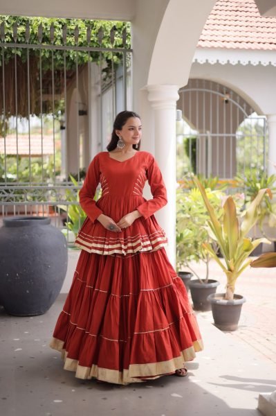 Regal Orange Cora Cotton Lehenga Choli with Heavy 12 Meter Flair and Lace Detailing Ready To Wear Collection