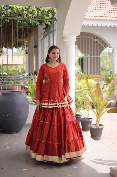 Regal Orange Cora Cotton Lehenga Choli with Heavy 12 Meter Flair and Lace Detailing Ready To Wear Collection