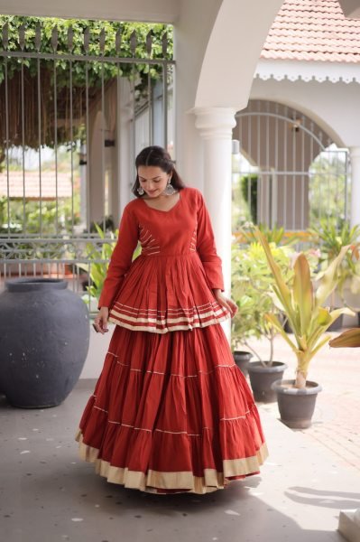 Regal Orange Cora Cotton Lehenga Choli with Heavy 12 Meter Flair and Lace Detailing Ready To Wear Collection