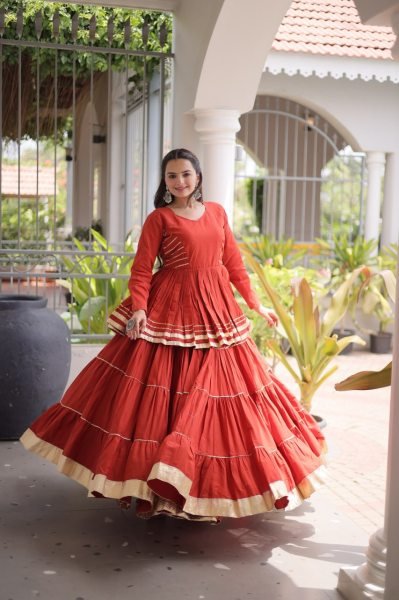 Regal Orange Cora Cotton Lehenga Choli with Heavy 12 Meter Flair and Lace Detailing Ready To Wear Collection