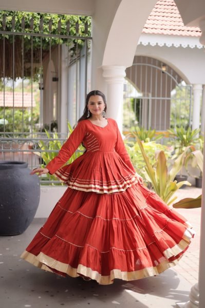 Regal Orange Cora Cotton Lehenga Choli with Heavy 12 Meter Flair and Lace Detailing Ready To Wear Collection