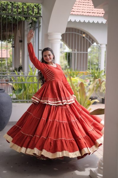 Regal Orange Cora Cotton Lehenga Choli with Heavy 12 Meter Flair and Lace Detailing Ready To Wear Collection