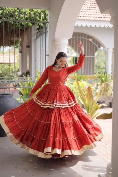 Regal Orange Cora Cotton Lehenga Choli with Heavy 12 Meter Flair and Lace Detailing Ready To Wear Collection