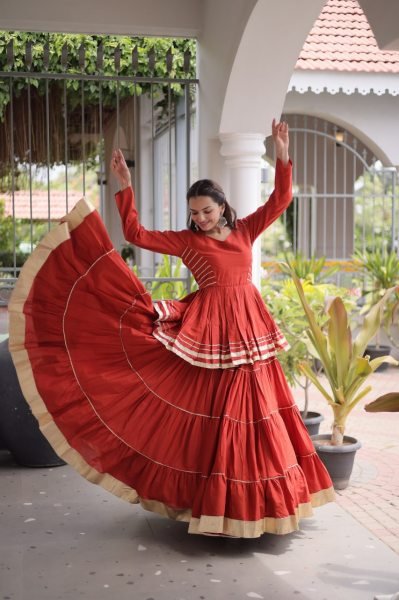 Regal Orange Cora Cotton Lehenga Choli with Heavy 12 Meter Flair and Lace Detailing Ready To Wear Collection