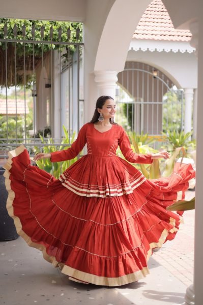 Regal Orange Cora Cotton Lehenga Choli with Heavy 12 Meter Flair and Lace Detailing Ready To Wear Collection