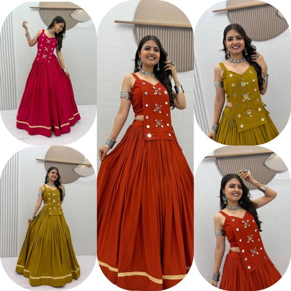 Regal Orange Festive Wear Cotton Lehenga Choli with Mirror And Codi Work Navratri Lehnega Choli