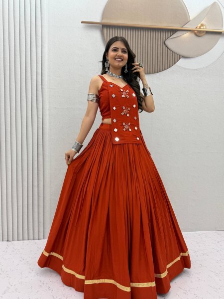 Regal Orange Festive Wear Cotton Lehenga Choli with Mirror And Codi Work Navratri Lehnega Choli