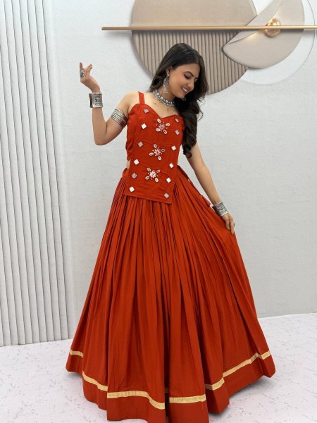Regal Orange Festive Wear Cotton Lehenga Choli with Mirror And Codi Work Navratri Lehnega Choli