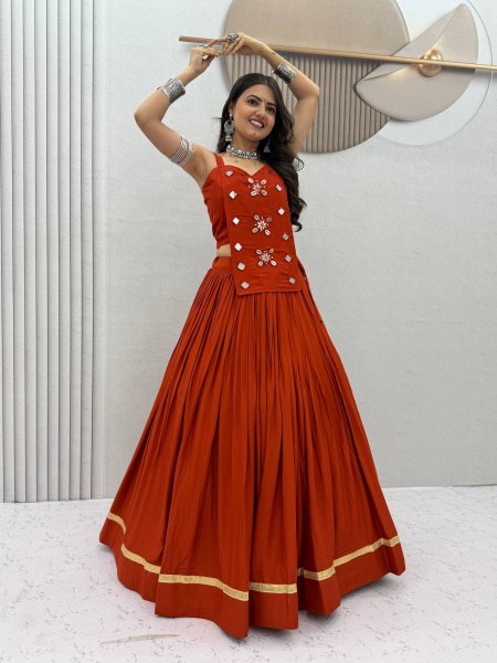 Regal Orange Festive Wear Cotton Lehenga Choli with Mirror And Codi Work Navratri Lehnega Choli