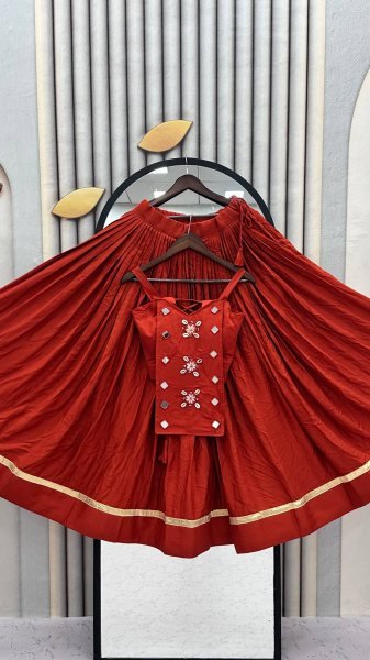 Regal Orange Festive Wear Cotton Lehenga Choli with Mirror And Codi Work Navratri Lehnega Choli