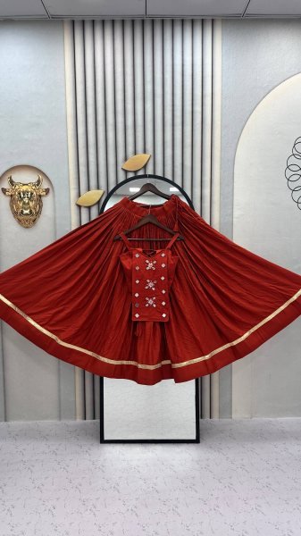 Regal Orange Festive Wear Cotton Lehenga Choli with Mirror And Codi Work Navratri Lehnega Choli