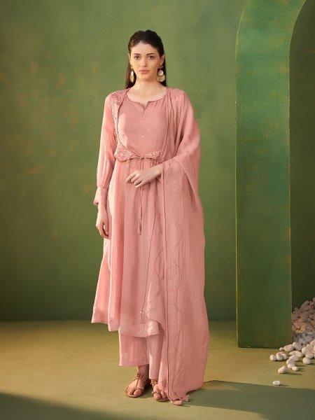 Regal Peach Premium Pure Organza Suit Set with Organza Dupatta 