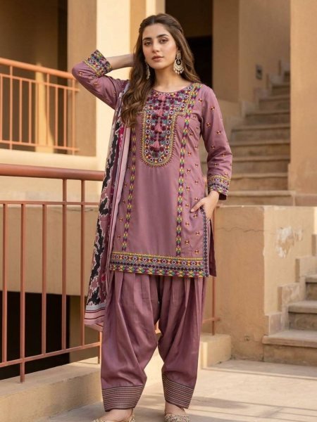 Regal Pink Natural Silk Embroidered Outfit Kurta Palazzo Set with Printed Silk Dupatta Ready To Wear Suit