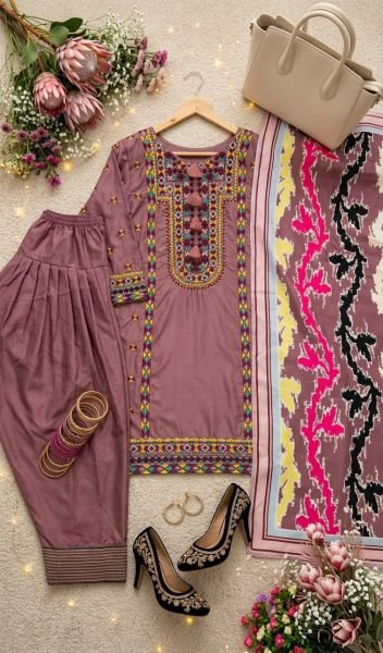 Regal Pink Natural Silk Embroidered Outfit Kurta Palazzo Set with Printed Silk Dupatta Ready To Wear Collection