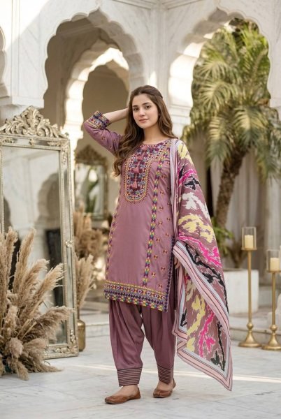 Regal Pink Natural Silk Embroidered Outfit Kurta Palazzo Set with Printed Silk Dupatta Ready To Wear Collection