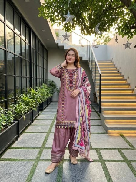 Regal Pink Natural Silk Embroidered Outfit Kurta Palazzo Set with Printed Silk Dupatta Ready To Wear Collection