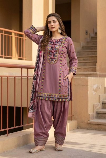 Regal Pink Natural Silk Embroidered Outfit Kurta Palazzo Set with Printed Silk Dupatta Ready To Wear Collection