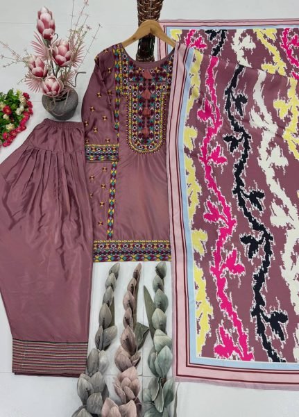 Regal Pink Natural Silk Embroidered Outfit Kurta Palazzo Set with Printed Silk Dupatta Ready To Wear Collection