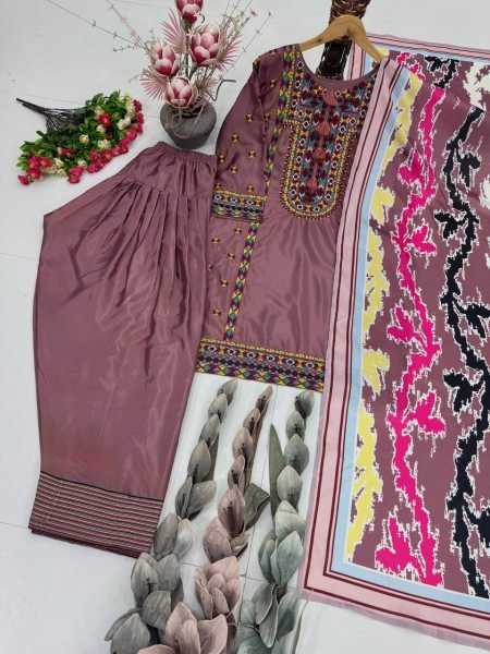 Regal Pink Natural Silk Embroidered Outfit Kurta Palazzo Set with Printed Silk Dupatta Ready To Wear Collection