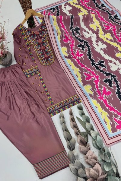 Regal Pink Natural Silk Embroidered Outfit Kurta Palazzo Set with Printed Silk Dupatta Ready To Wear Collection