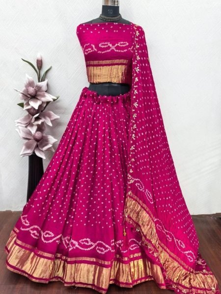 Regal Pink Pure Gaji Silk Bandhej Lehenga Choli with Original Bandhej Dupatta Shop by Occasion